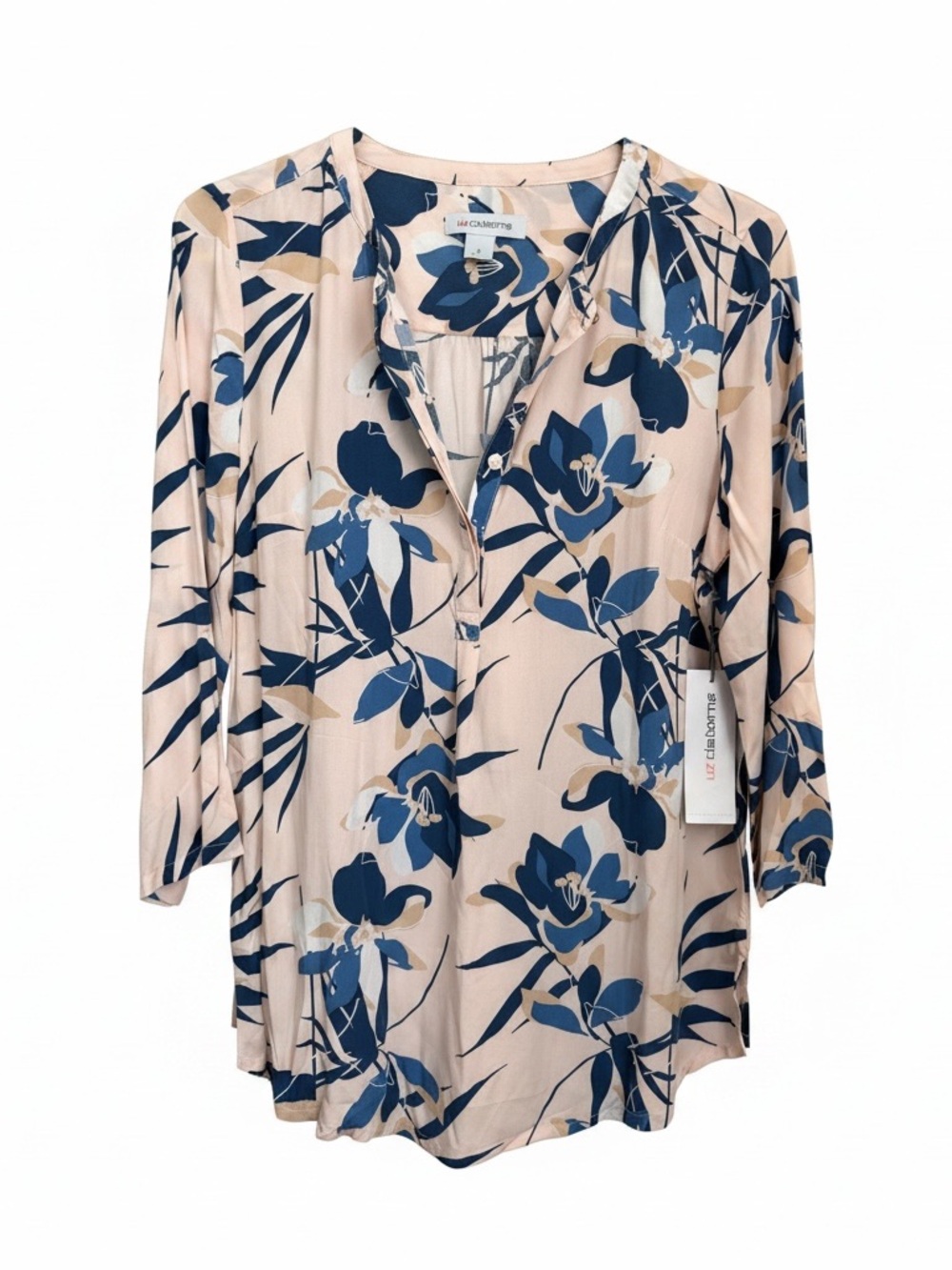 Liz Claiborne Floral V-Neck Popover Tunic Top Pink Blue NWT Small - Picture 2 of 8